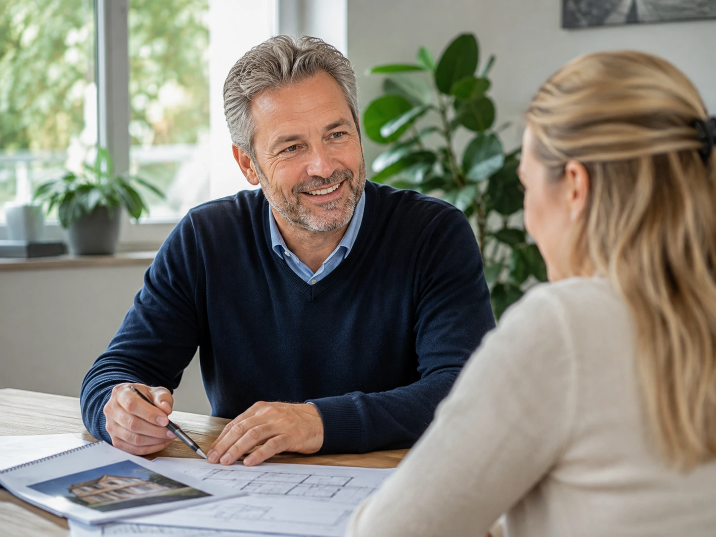 Professionelle Besprechung zu einer Immobilie mit übersichtlichen Unterlagen